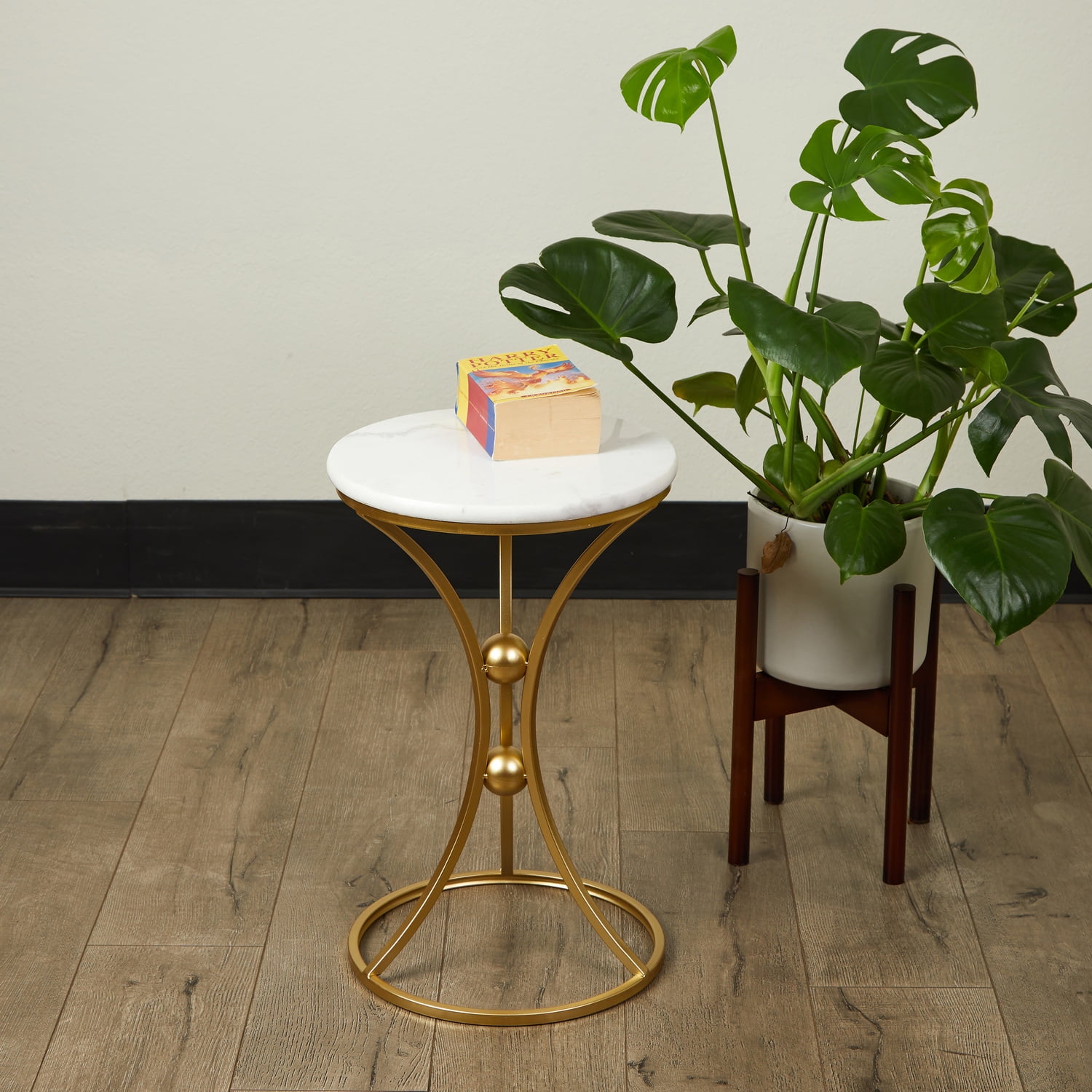 HomeView Design Accent Side Table Marble Round, Gold/White Finish