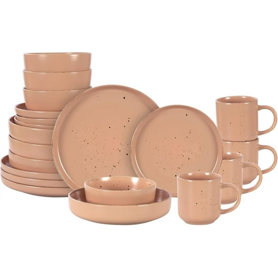 HomeVss, Nordic Shape Rising Rim Stoneware 20pc Dinnerware Set, Matte Rose with Speckle Finished Effect