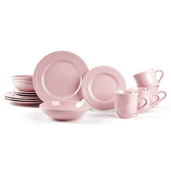 HomeVss, Pearl Dots Stoneware Dinnerware Set(16pc Set, Pink)