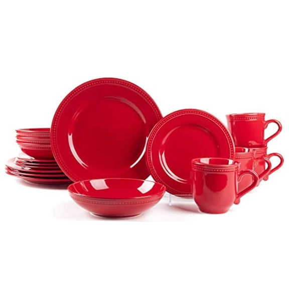 HomeVss, Pearl Dots Stoneware Dinnerware Set(16pc Set, Red)