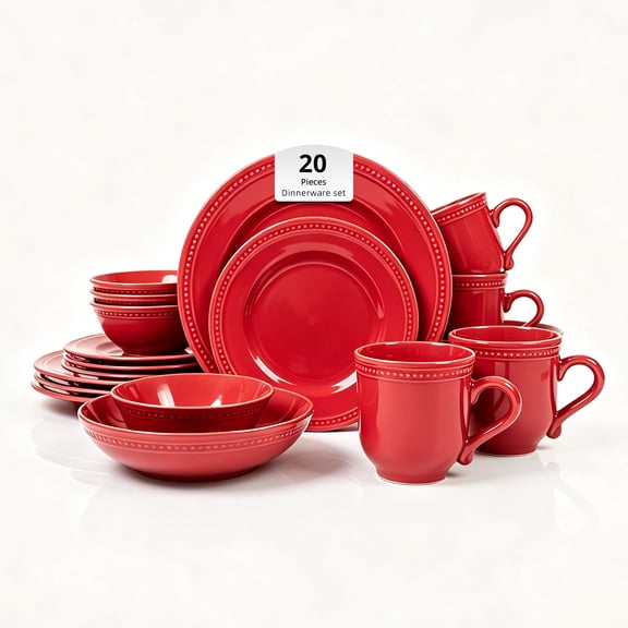 HomeVss, Pearl Dots Stoneware Dinnerware Set (20pc Set, Red) 20pc Set Red
