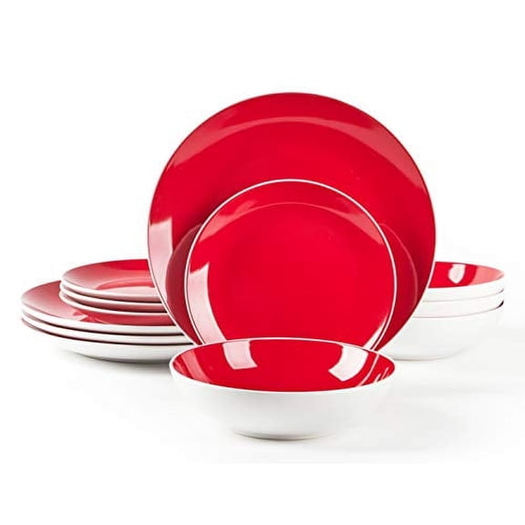 HomeVss, Stoneware Coupe Shape 12pc Dinnerware Set, Outside White + Inside Red