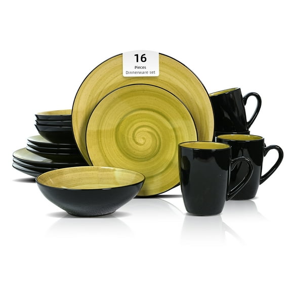 HomeVss, Stoneware Sonoma 16pc Dinnerware Set, Black + Speckled Spin Wash Green