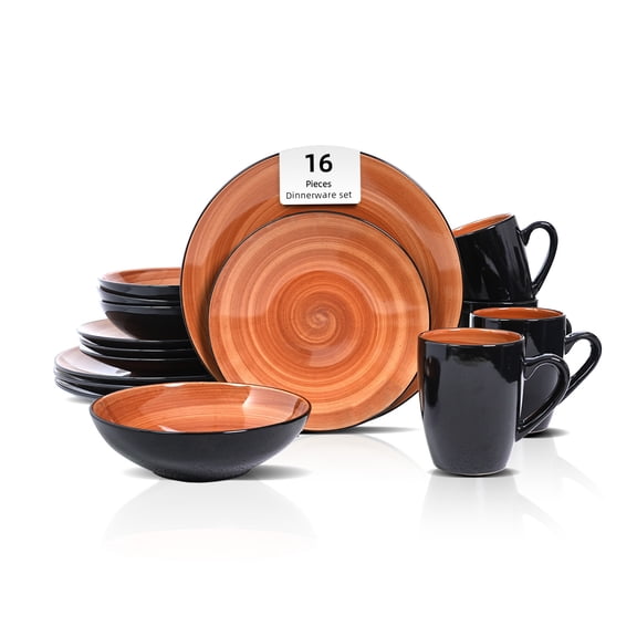 HomeVss, Stoneware Sonoma 16pc Dinnerware Set, Black + Speckled Spin Wash Spice
