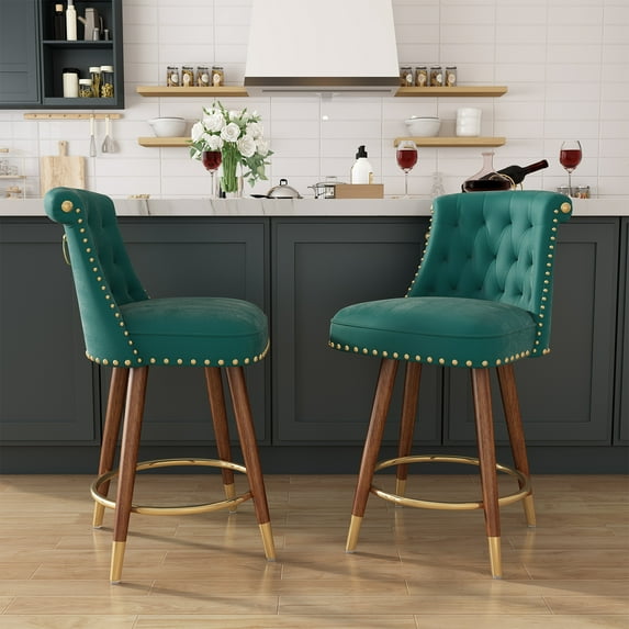 HomeZeer 24" Counter Height Bar Stools, Swivel Low Back Kitchen Barstool, Velvet Upholstered Square Seat Bar Chair with Wood Legs, Green (Set of 2)