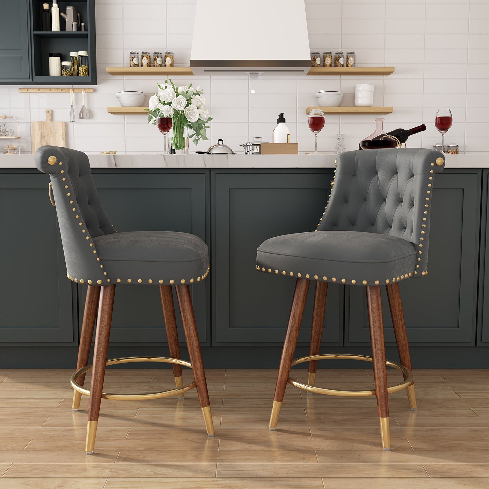 Gray Velvet Upholstered Swivel Counter Stools with Wood Legs, Set of 2
