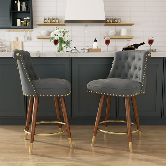 HomeZeer 24" Counter Height Bar Stools, Swivel Low Back Kitchen Barstool, Velvet Upholstered Square Seat Bar Chair with Wood Legs, Grey (Set of 2)