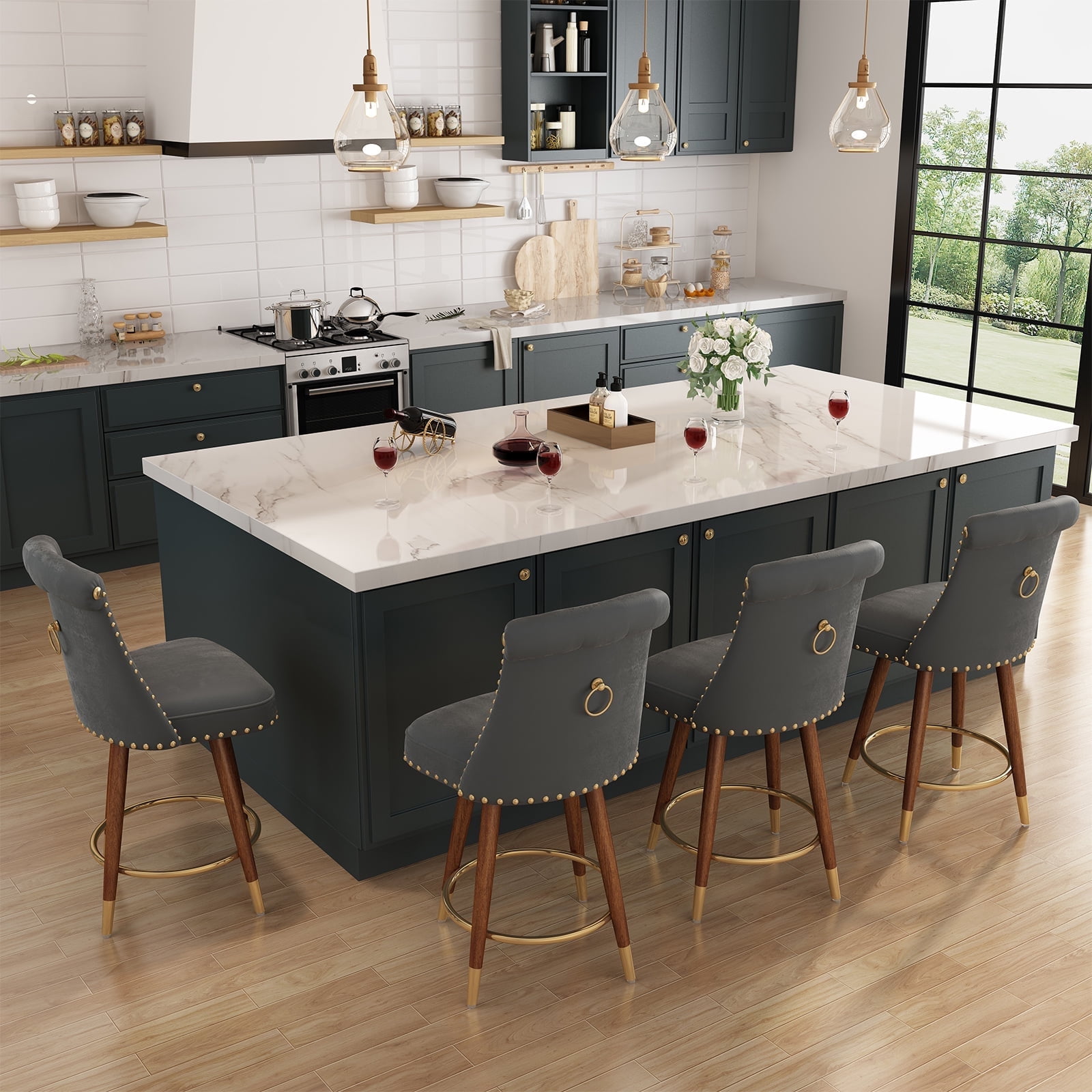 HomeZeer 24 Bar Stools Set of 4 Swivel Counter Height Bar Stools with Back and Footrest Velvet Upholstered Bar stools with Solid Wood Legs Button Tufted Barstools for Kitchen Island Grey Walmart