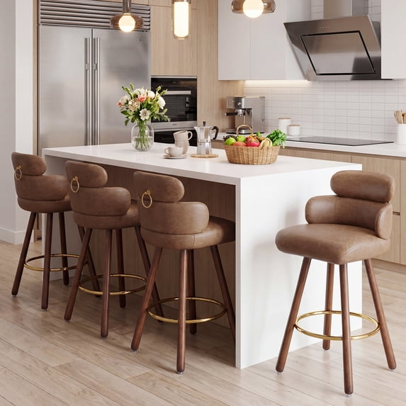 HomeZeer 26" Swivel Bar Stools Set of 4, Dark Brown PU Leather with Back & Footrest, Solid Wood Legs Anti-Slip Base, Counter Height Stools for Kitchen Island