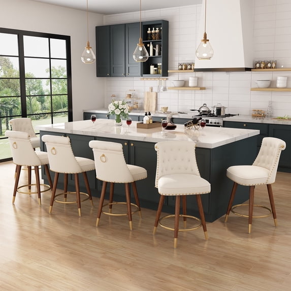 HomeZeer 24" Bar Stools Set of 6, Swivel Counter Height Bar Stools with Back and Footrest, Velvet Upholstered Bar stools with Solid Wood Legs, Button Tufted Barstools for Kitchen Island,Beige