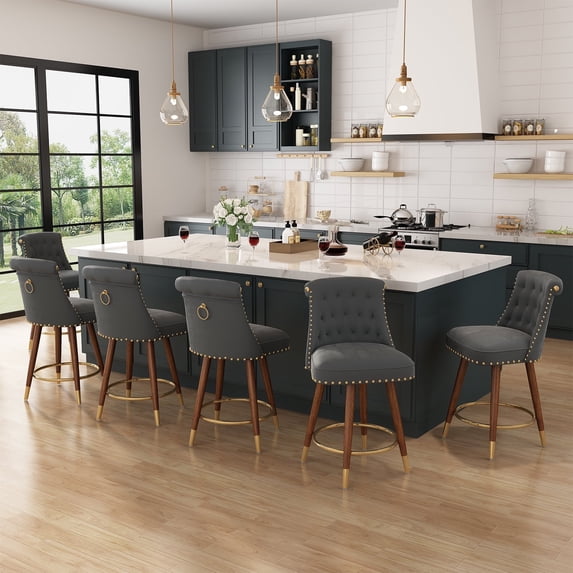 HomeZeer 24" Bar Stools Set of 6, Swivel Counter Height Bar Stools with Back and Footrest, Velvet Upholstered Bar stools with Solid Wood Legs, Button Tufted Barstools for Kitchen Island,Grey