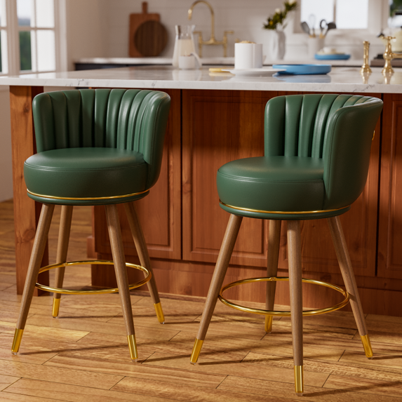 HomeZeer 24" Bar Stools Set of 2, Counter Height Bar Stools with Curved Back Swivel Barstools Pub Chairs with Wood Legs, Green