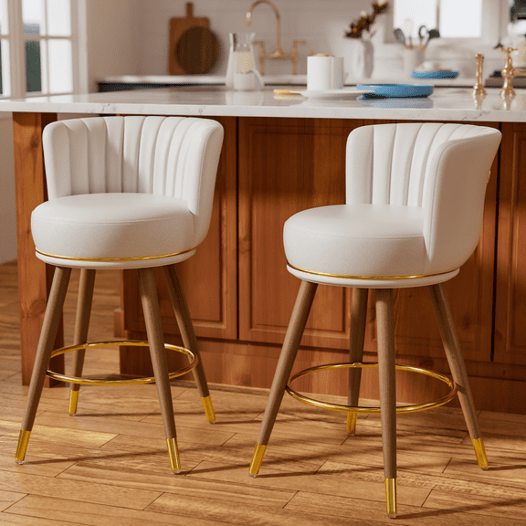 HomeZeer 24" Bar Stools Set of 2, Counter Height Bar Stools with Curved Back Swivel Barstools Pub Chairs with Wood Legs, White