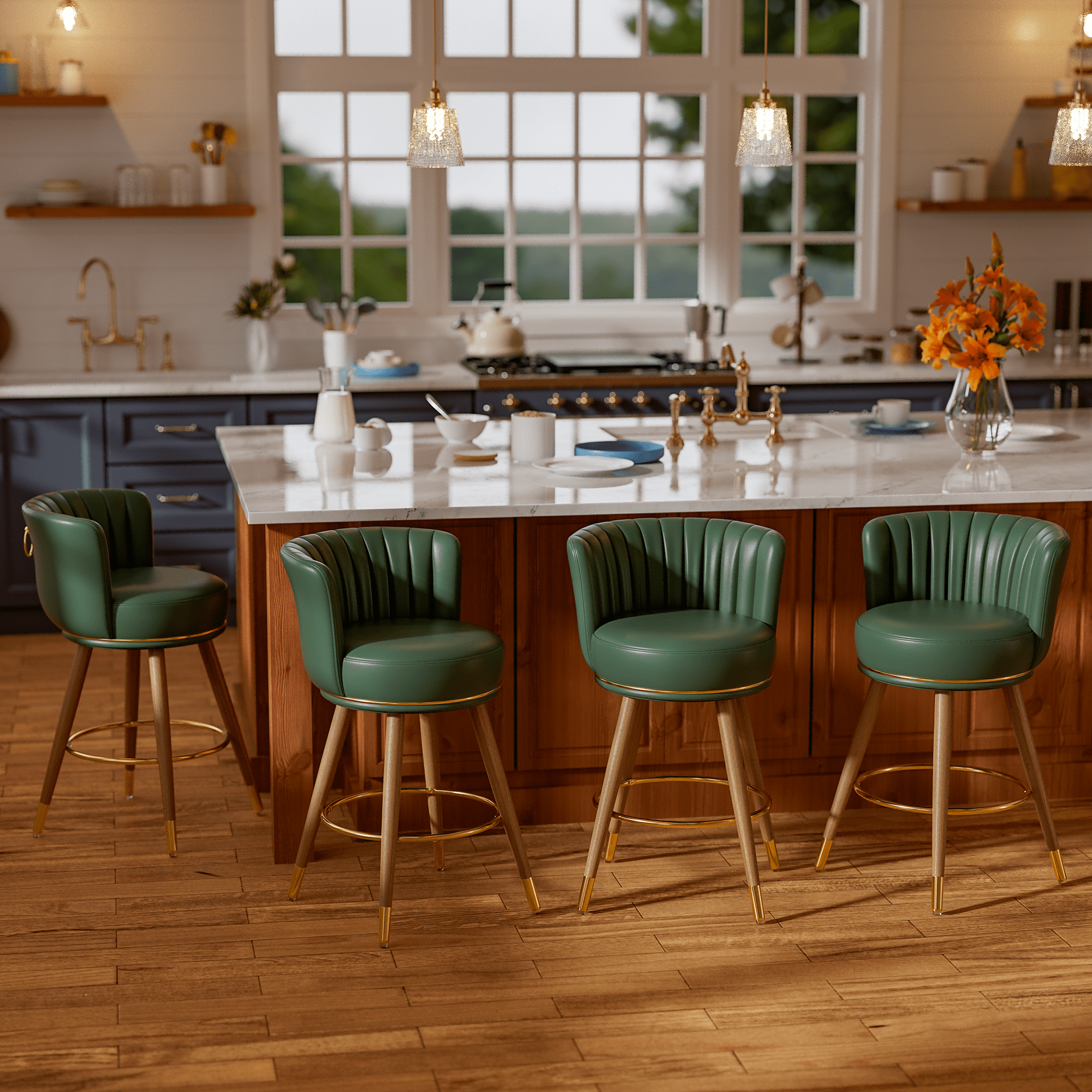 Green Leather Swivel Low Back Bar Stools with Wood Legs, Set of 4