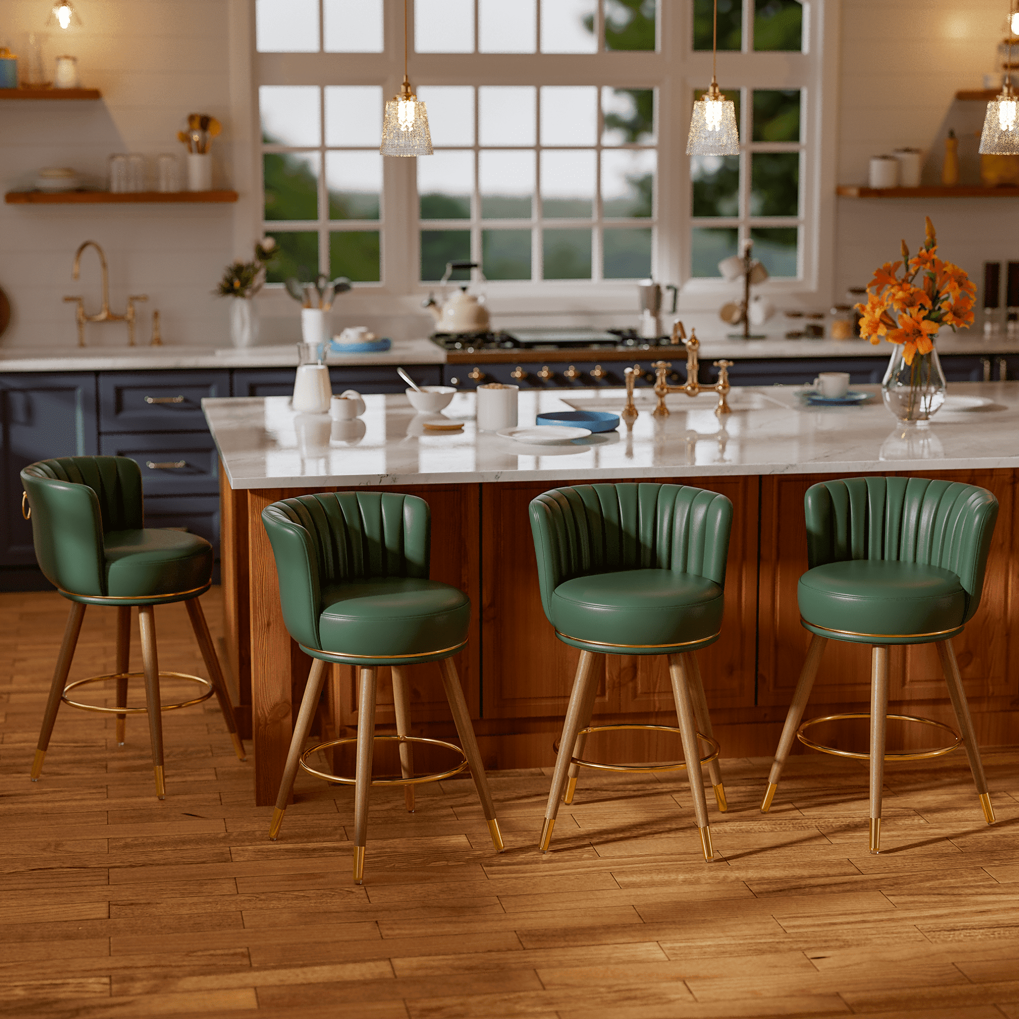 Green Leather Swivel Low Back Bar Stools with Wood Legs, Set of 4
