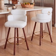 HomeZeer 26" Swivel Bar Stools Set of 2, White PU Leather with Back & Footrest, Solid Wood Legs Anti-Slip Base, Counter Height Stools for Kitchen Island