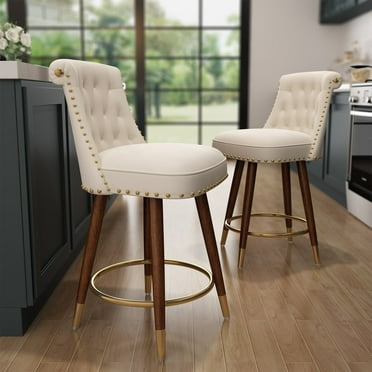HomeZeer 24" White Counter Height Bar Stools, Swivel Low Back Kitchen Barstool, Velvet Upholstered Square Seat Bar Chair with Wood Legs (Set of 2)