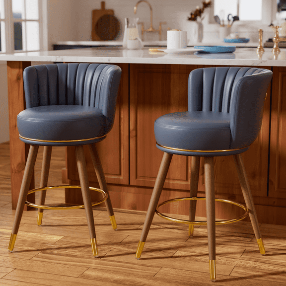 HomeZeer 26" Counter Height Bar Stools, Furniture Round Low Back Pedestal Bar Stool, PU Leather Swivel Bar Chair for Kitchen,Blue (Set of 2)