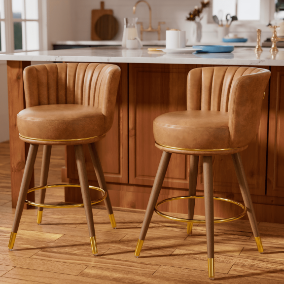 HomeZeer 26" Counter Height Bar Stools, Furniture Round Low Back Pedestal Bar Stool, PU Leather Swivel Bar Chair for Kitchen,Brown (Set of 2)