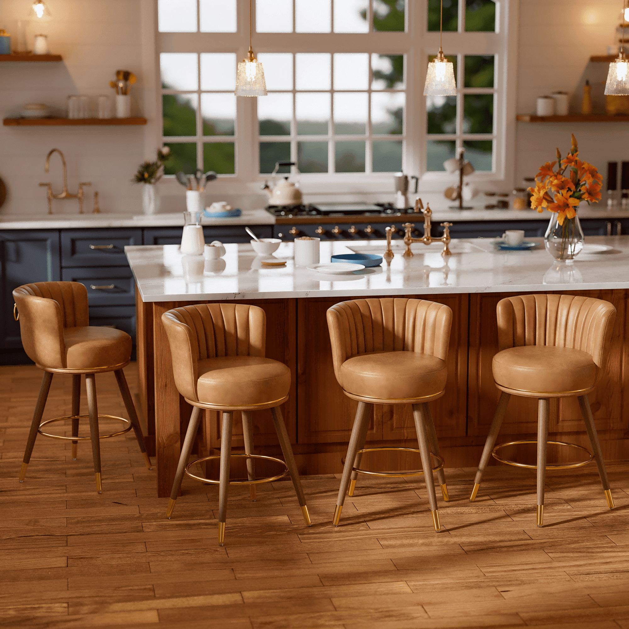 HomeZeer 26" Counter Height Bar Stools, Furniture Round Low Back Pedestal Bar Stool, PU Leather Swivel Bar Chair for Kitchen,Brown (Set of 4)