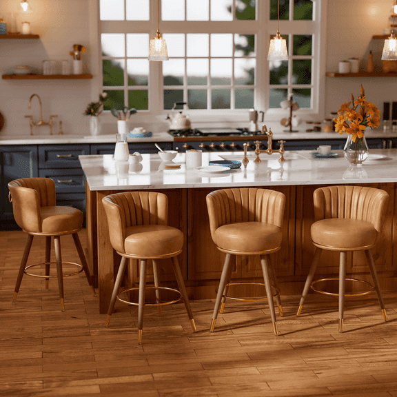 HomeZeer 26" Counter Height Bar Stools, Furniture Round Low Back Pedestal Bar Stool, PU Leather Swivel Bar Chair for Kitchen,Brown (Set of 4)