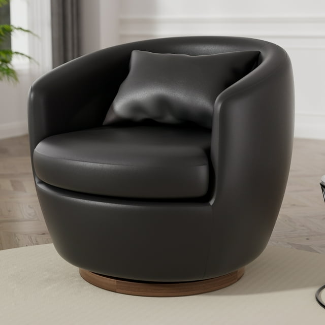 HomeZeer 360 Degree Swivel Barrel Chair, Round Swivel Accent Chair Armchair, Modern PU Leather Upholstered Chairs for Living Room, Bedroom, Office, Black