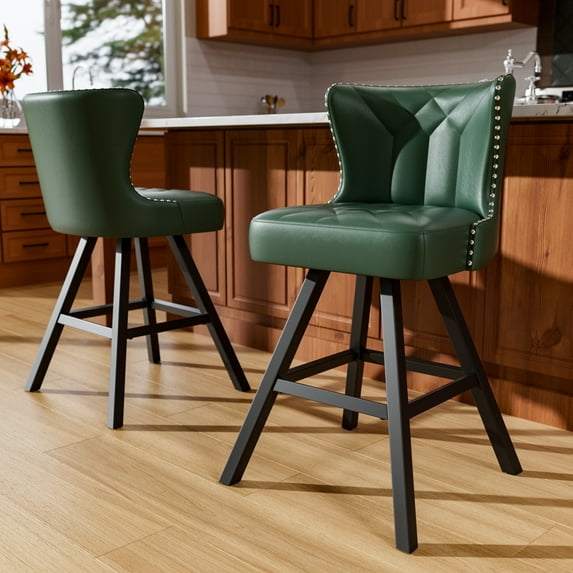 HomeZeer 360°Swivel Farmhouse Bar Stools Set of 2, 26" Green Faux Leather with Low Back & Footrest, Metal Frame Counter Height Stools for Kitchen Island, Dining & Bar