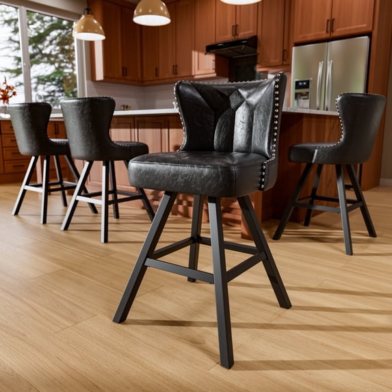 HomeZeer 360°Swivel Farmhouse Bar Stools Set of 4, 26" Black Faux Leather with Low Back & Footrest, Metal Frame Counter Height Stools for Kitchen Island, Dining & Bar