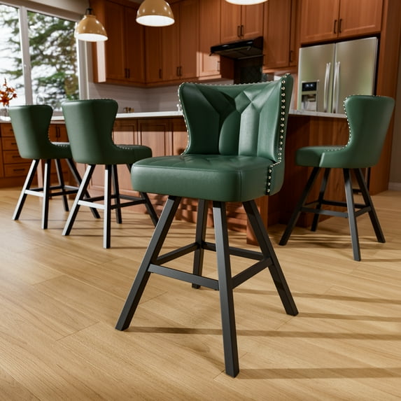 HomeZeer 360°Swivel Farmhouse Bar Stools Set of 4, 26" Green Faux Leather with Low Back & Footrest, Metal Frame Counter Height Stools for Kitchen Island, Dining & Bar