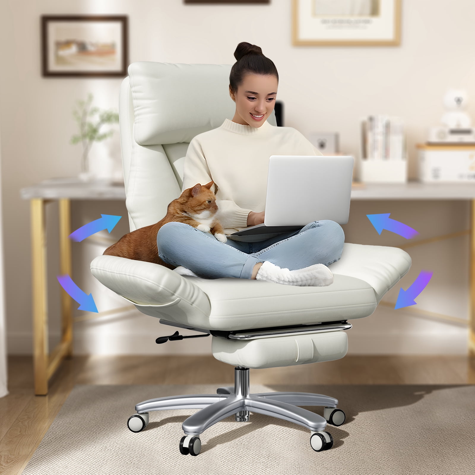 HomeZeer 500lbs Capacity Cross Legged Office Chair, Big and Tall Office Chair with Footrest, PU Leather Criss Cross Desk Chair with Reclining Back, Adjustable Arms & Wide Seat for Home Office, White