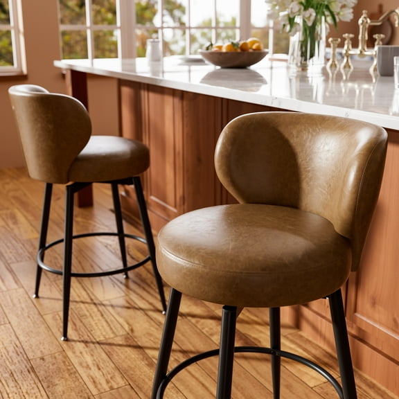 HomeZeer Bar Stools Set of 2, 26" Counter Height 360° Swivel with Low Back, PU Leather Upholstered Round Seat, 300lb Capacity Metal Legs for Kitchen Island, Dining& Bar, Brown