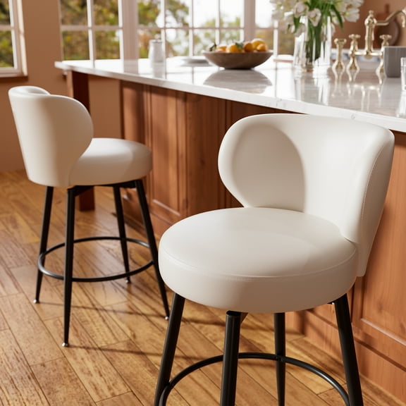 HomeZeer Bar Stools Set of 2, 26" Counter Height 360° Swivel with Low Back, PU Leather Upholstered Round Seat, 300lb Capacity Metal Legs for Kitchen Island, Dining& Bar, White