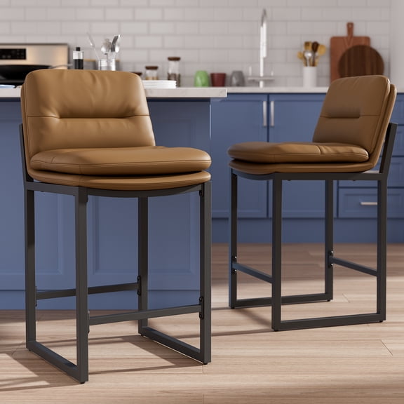 HomeZeer Bar Stools Set of 2, 26" Modern Square Seat PU Leather Low Back Counter Height, Upholstered Kitchen Island Stools for Dining & Bar, Brown