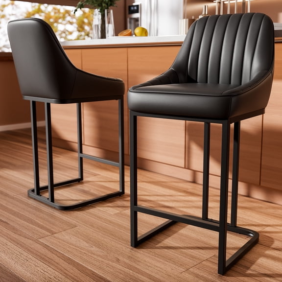 HomeZeer Bar Stools Set of 2, 300LB Capacity Farmhouse 24" Counter Height PU Leather Bucket Seat & Metal Legs, Modern Low Back Stools for Kitchen Island & Dining, Black