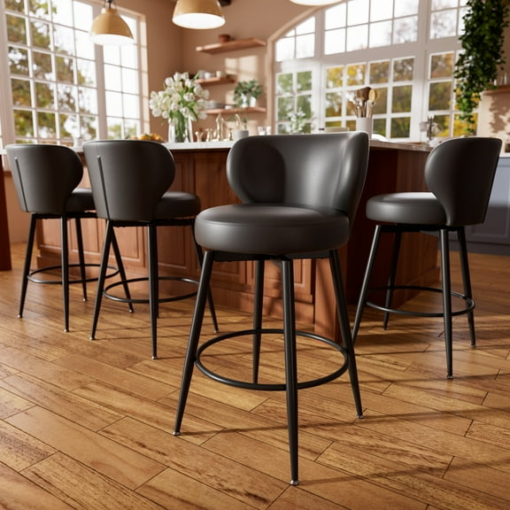 HomeZeer Bar Stools Set of 4, 26" Counter Height 360° Swivel with Low Back, PU Leather Upholstered Round Seat, 300lb Capacity Metal Legs for Kitchen Island, Dining& Bar, Black
