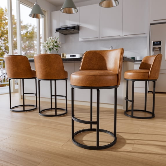 HomeZeer Bar Stools Set of 4, 26" Leather with Mid Back & Footrest, 360° Swivel Round Base Metal Frame Counter Height Stools for Kitchen Island, Brown