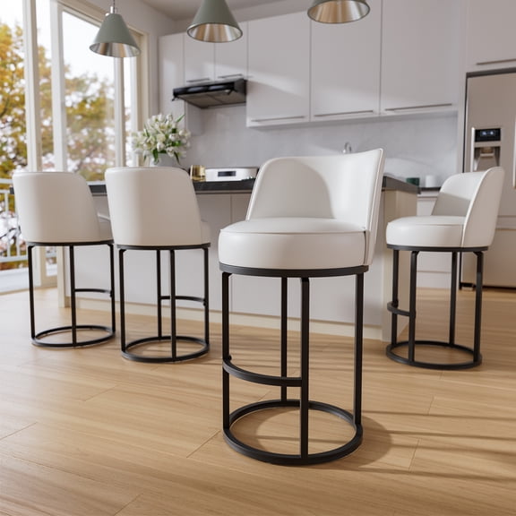 HomeZeer Bar Stools Set of 4, 26" Leather with Mid Back & Footrest, 360° Swivel Round Base Metal Frame Counter Height Stools for Kitchen Island, White