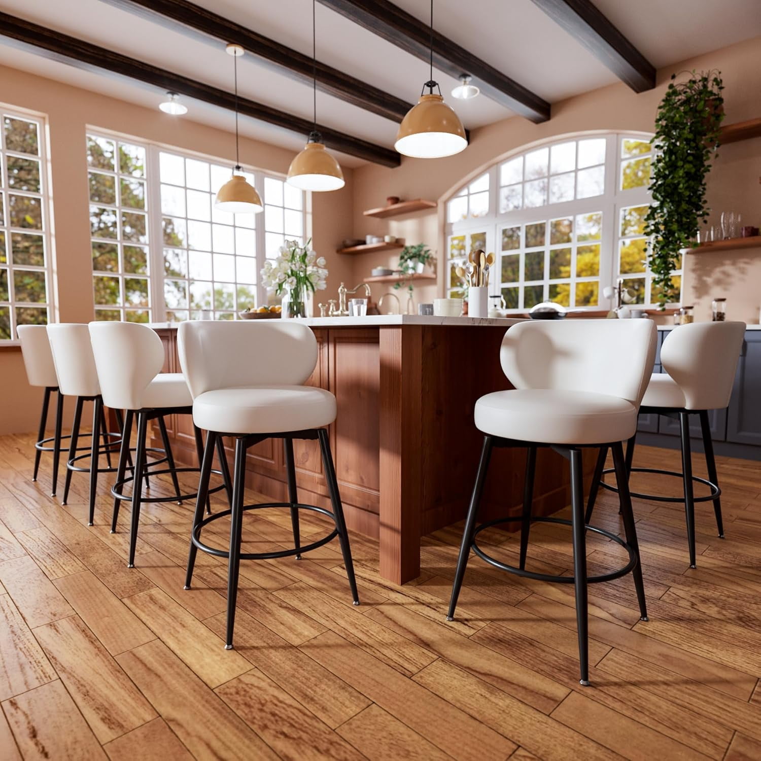 HomeZeer Bar Stools Set of 6, 26" Counter Height 360° Swivel with Low Back, PU Leather Upholstered Round Seat, 300lb Capacity Metal Legs for Kitchen Island, Dining& Bar, White