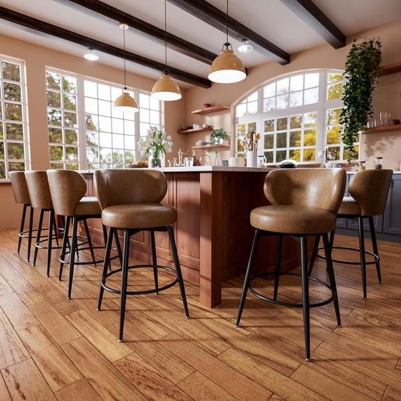 HomeZeer Bar Stools Set of 6, 26" Counter Height 360° Swivel with Low Back, PU Leather Upholstered Round Seat, 300lb Capacity Metal Legs for Kitchen Island, Dining& Bar, Brown
