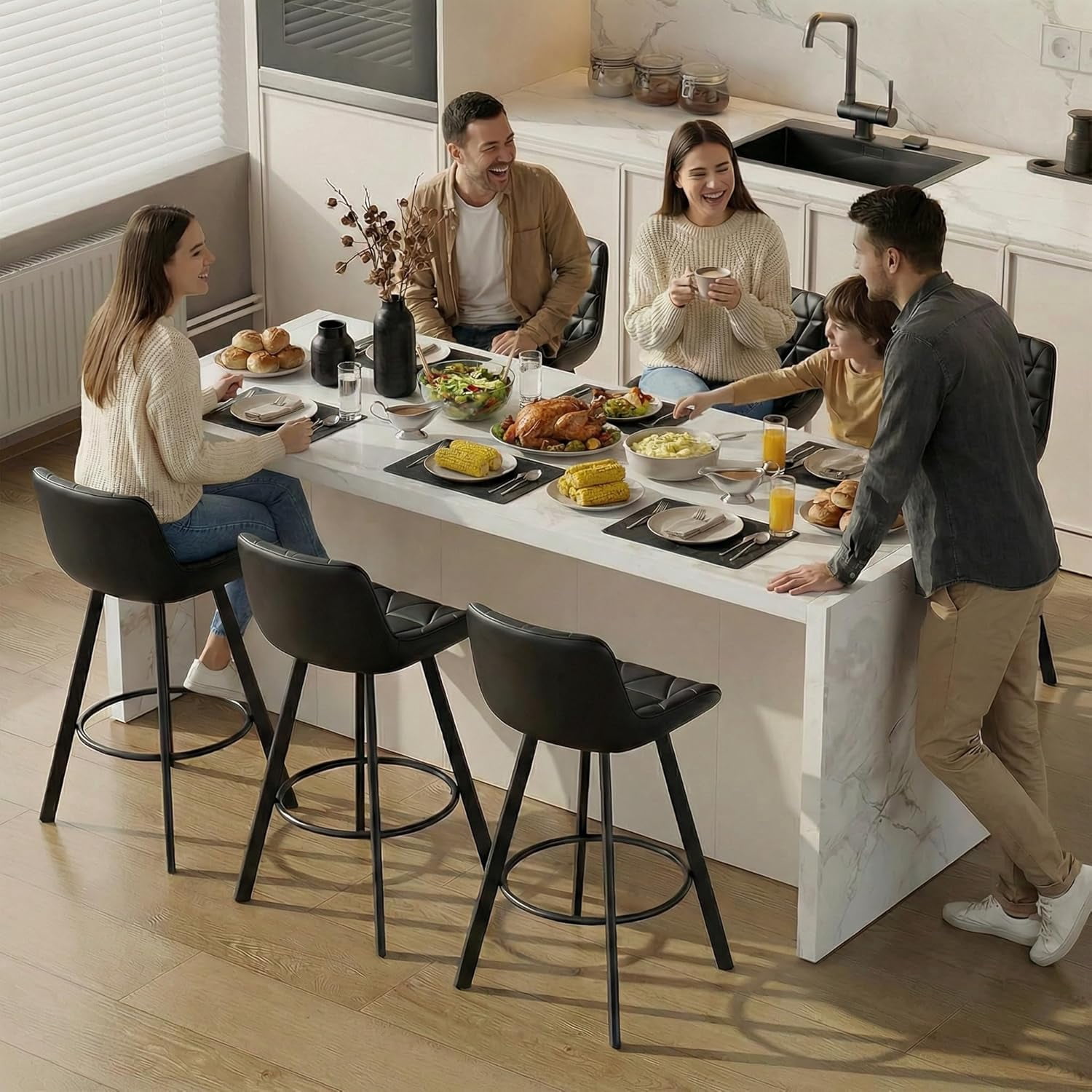 HomeZeer Bar Stools Set of 6, 26" Counter Height Bar Stools with Low Back and Footrest, PU Leather Upholstered Seat, Metal Legs Bar Chairs for Kitchen Island Dining, Black