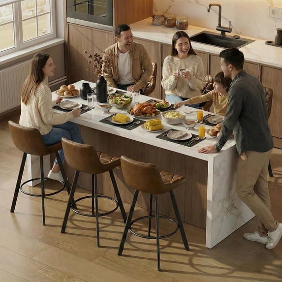 HomeZeer Bar Stools Set of 6, 26" Counter Height Bar Stools with Low Back and Footrest, PU Leather Upholstered Seat, Metal Legs Bar Chairs for Kitchen Island Dining, Brown