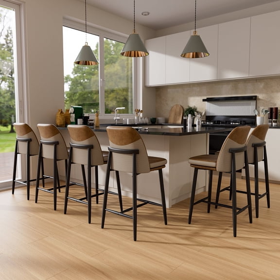 HomeZeer Bar Stools Set of 6, 26" Upholstered Counter Height Textured Leather & Fabric with Low Back & Metal Legs, Barstools for Kitchen Island, Dining Room & Home Bar, Brown