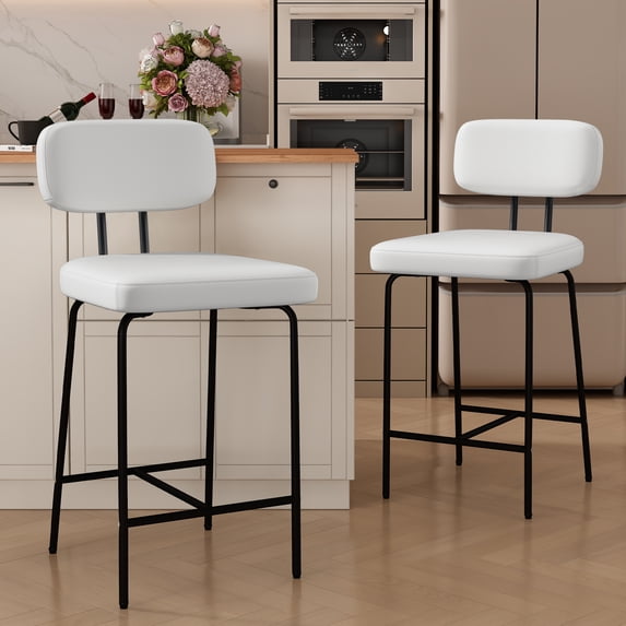 HomeZeer Bar Stools Set of 2, 26" Counter Height Barstools with Back and Footrest, PU Leather Upholstered Stools, White