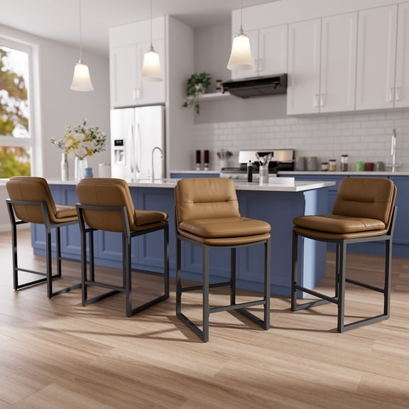 HomeZeer Bar Stools Set of 4, 26" Upholstered Kitchen Island Stools with Square Seat PU Leather Low Back for Kitchen Counter Height Bar, Brown