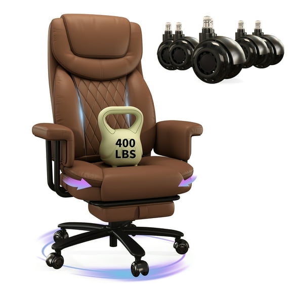 HomeZeer Big and Tall Executive Office Chair 400LBS, 160°Reclining with Retractable Footrest, PU Leather Desk Chair with Padded Arms, Adjustable Height with Quiet Roller Wheels, Brown