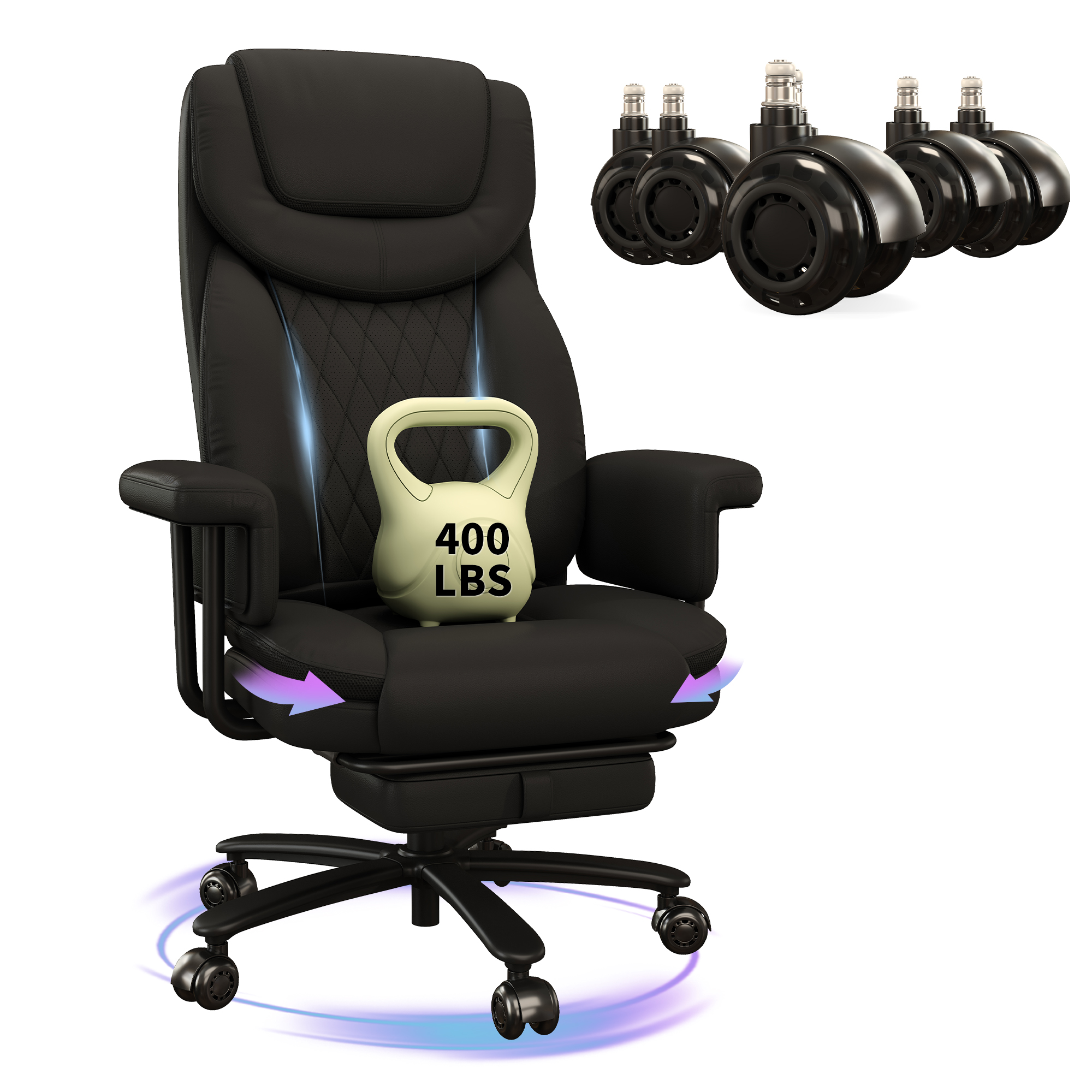 HomeZeer Big and Tall Executive Office Chair 400LBS, 160°Reclining with Retractable Footrest, PU Leather Desk Chair with Padded Arms, Adjustable Height with Quiet Roller Wheels, Black