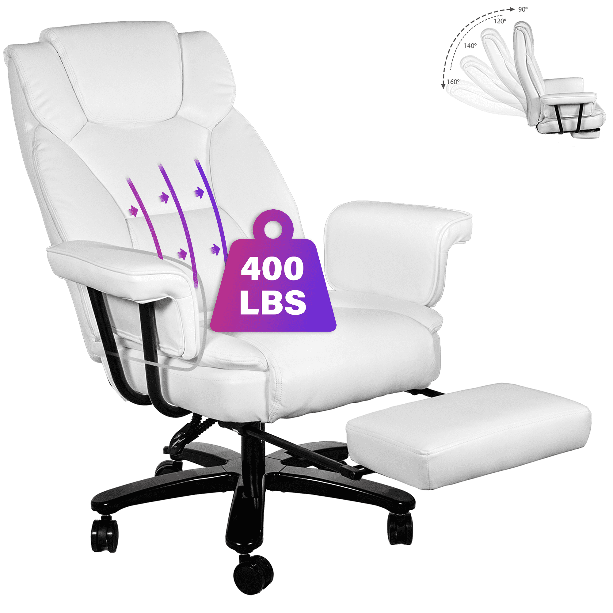 HomeZeer Big and Tall Office Chair with Footrest, 400 lbs Modern High Back Leather Office Chair, Reclining Wide Seat Ergonomic Executive Home Office Computer Desk Chair, White