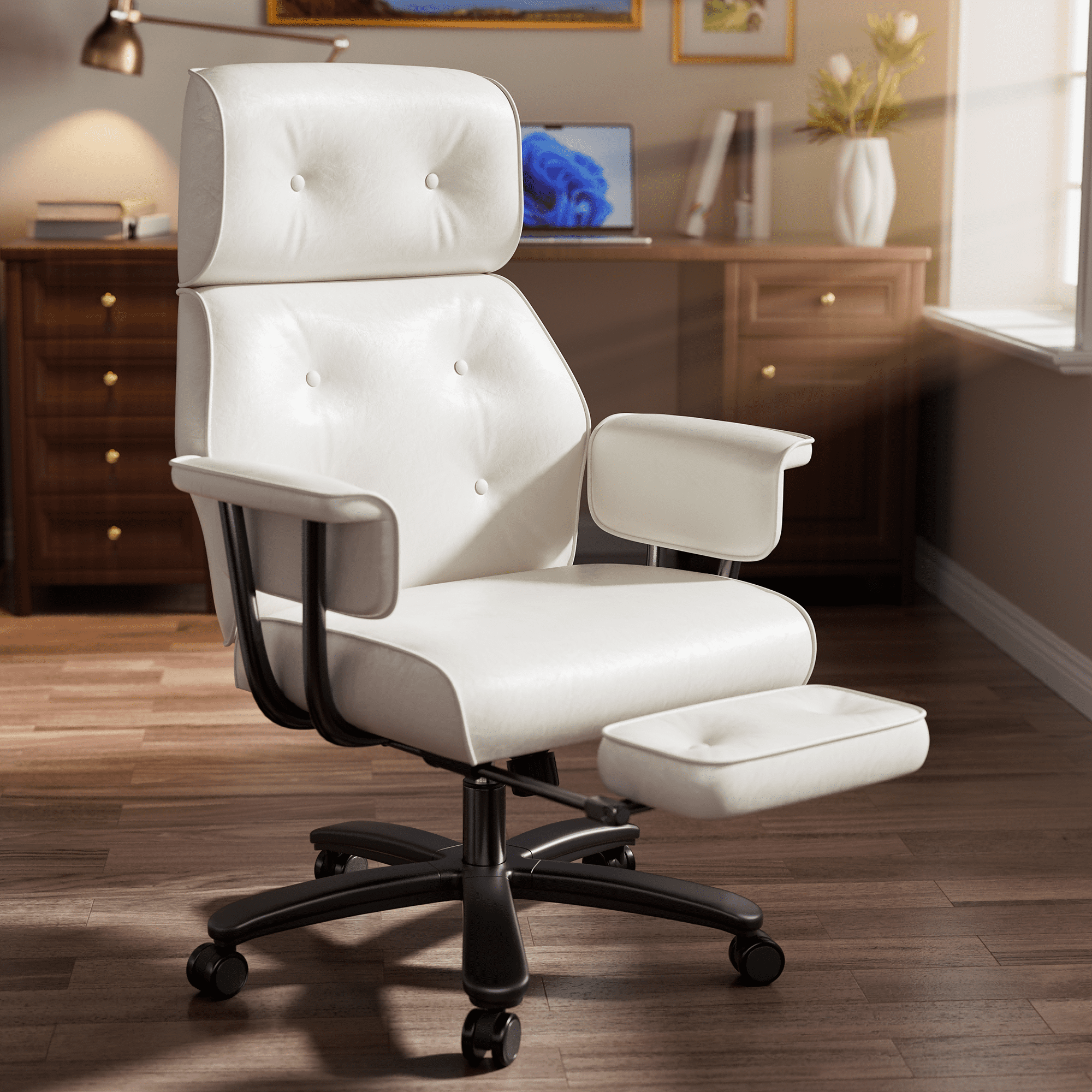 HomeZeer Big and Tall Office Chair 400LBS, Reclining Office Chair with Footrest and Wide Seat, Executive Desk Chair with High Back,Comfortable Computer Task Chair for Home Office, White