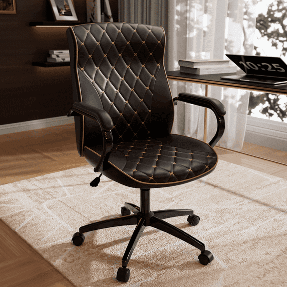 HomeZeer Black Office Chair with Wheels, Ergonomic High Back Executive Desk Chair with Padded Arms, Modern PU Leather Embroidery Computer Chair with Rocking Function