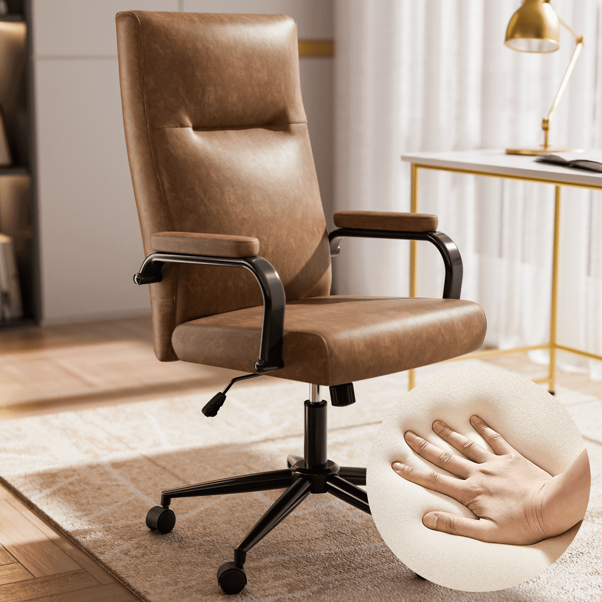 HomeZeer Brown Office Chair with Wheels, Swivel High Back Executive Office Chair with Memory Foam and Arms, Leather Adjustable Height Computer Desk Chair for Home Office